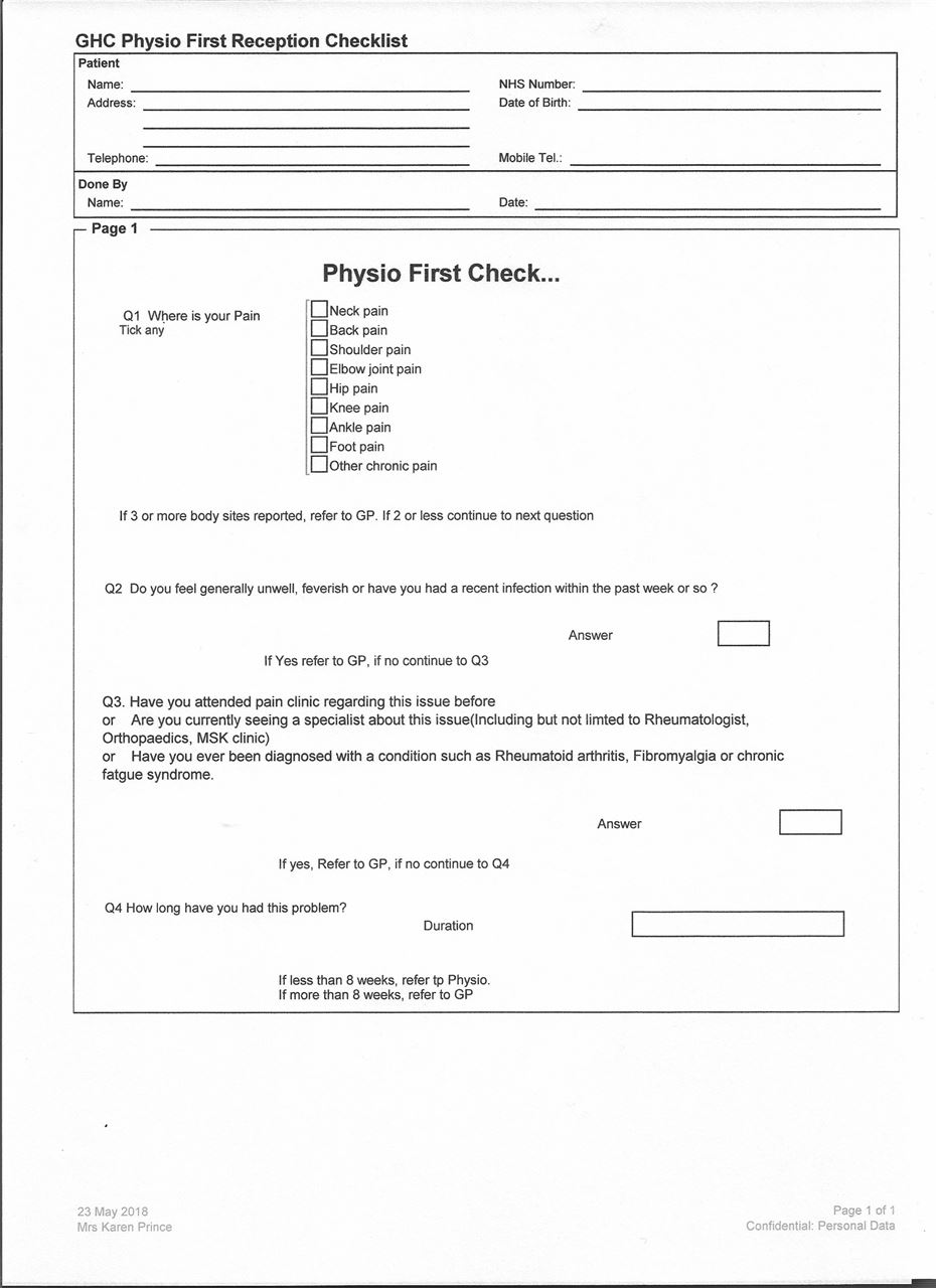 Physio First checklist